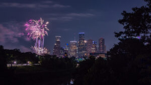 Houston skyline with fireworks.