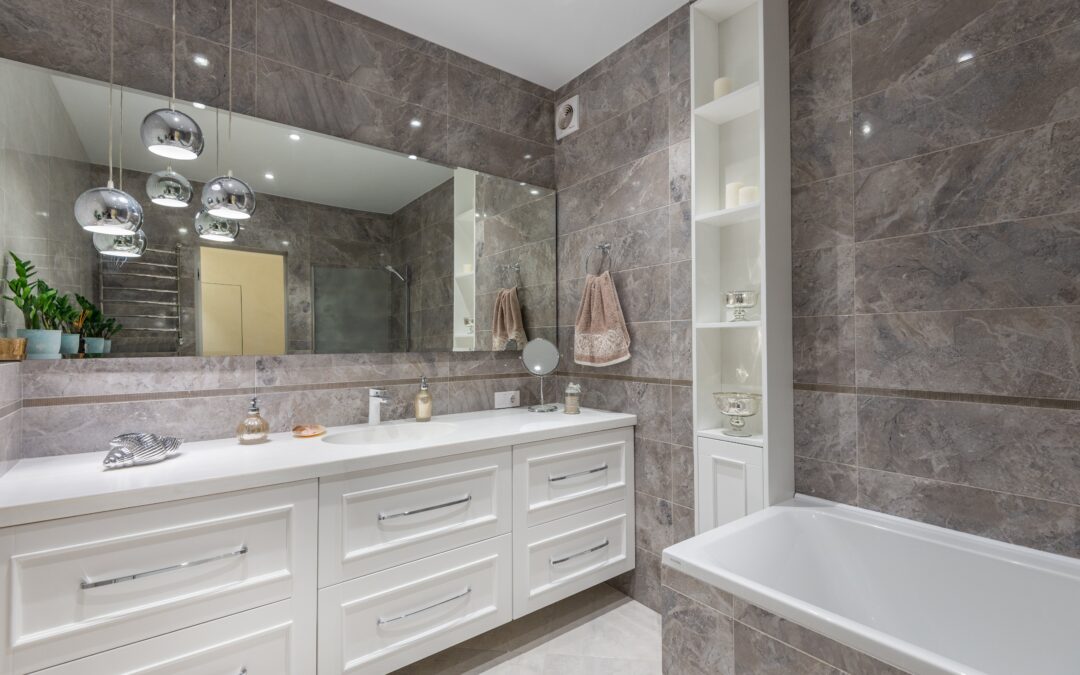 Image of beautiful bathroom with shelves to maximize space and storage